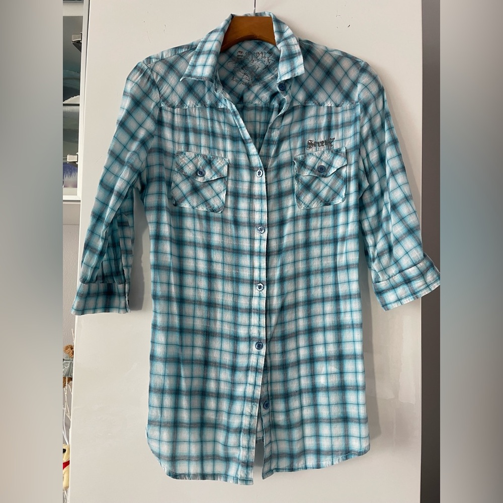 Seven7 Aqua and White Plaid Button-Up Shirt